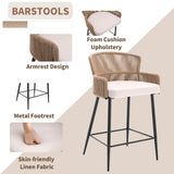 HNY Farmhouse Woven Bar Stools Set of 3, 26 Inch Linen Upholstered Rattan Barstools with Curved Backs, Modern Cane Counter Height Bar Chairs with Metal Legs and Armrest for Kitchen Island, Beige HNY