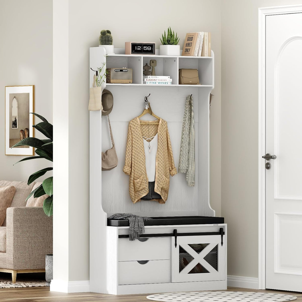 Redlife Entryway Hutch,Hall Tree with Storage Bench, Farmhouse Entryway Bench with Coat Rack, 6-in-1 Coat Rack with Bench, Entrance Organizer with Shoe Storage, Hall Tree with Bench for Hallway Redlifeᅟᅠ