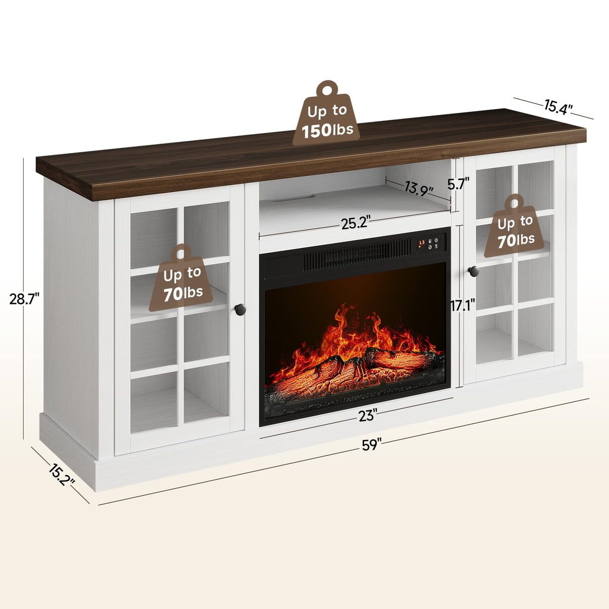 ONBRILL 59" Fireplace TV Stand, Entertainment Center with 23" Electric Fireplace, TV Table for TVs up to 65 Inch, Media Console Cabinet with Storage and Glass Doors for Living Room,Wood White ONBRILL