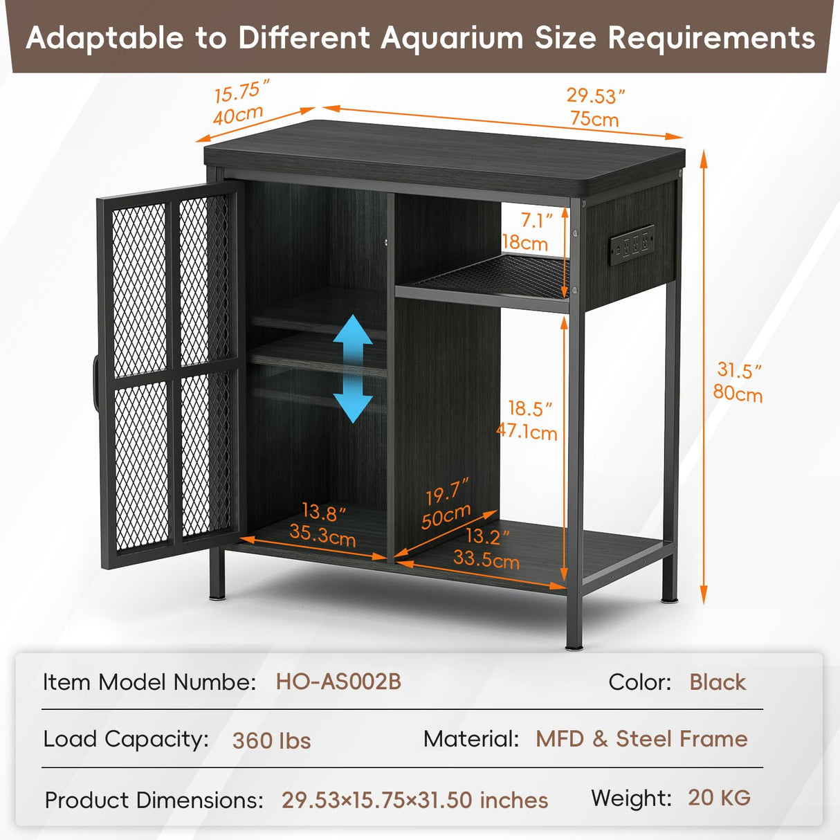 HAIOOU 20-29 Gallon Aquarium Stand with LED Light & Power Outlets, Cross Design Metal Frame Fish Tank Stand Aquarium Table with Cabinet Storage for Turtle Tank Reptile Terrarium, 360LBS Loads - Black HAIOOU