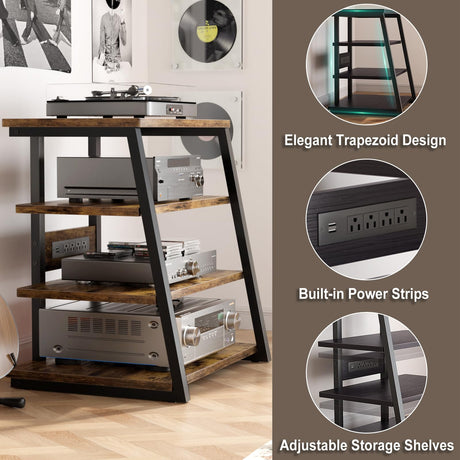 armocity 4-Tier AV Media Stand with Power Strips, Corner TV Stand with LED Lights, Rack Audio Tower with Adjustable Shelves, Corner Entertainment Center, 30'', Rustic Brown armocity