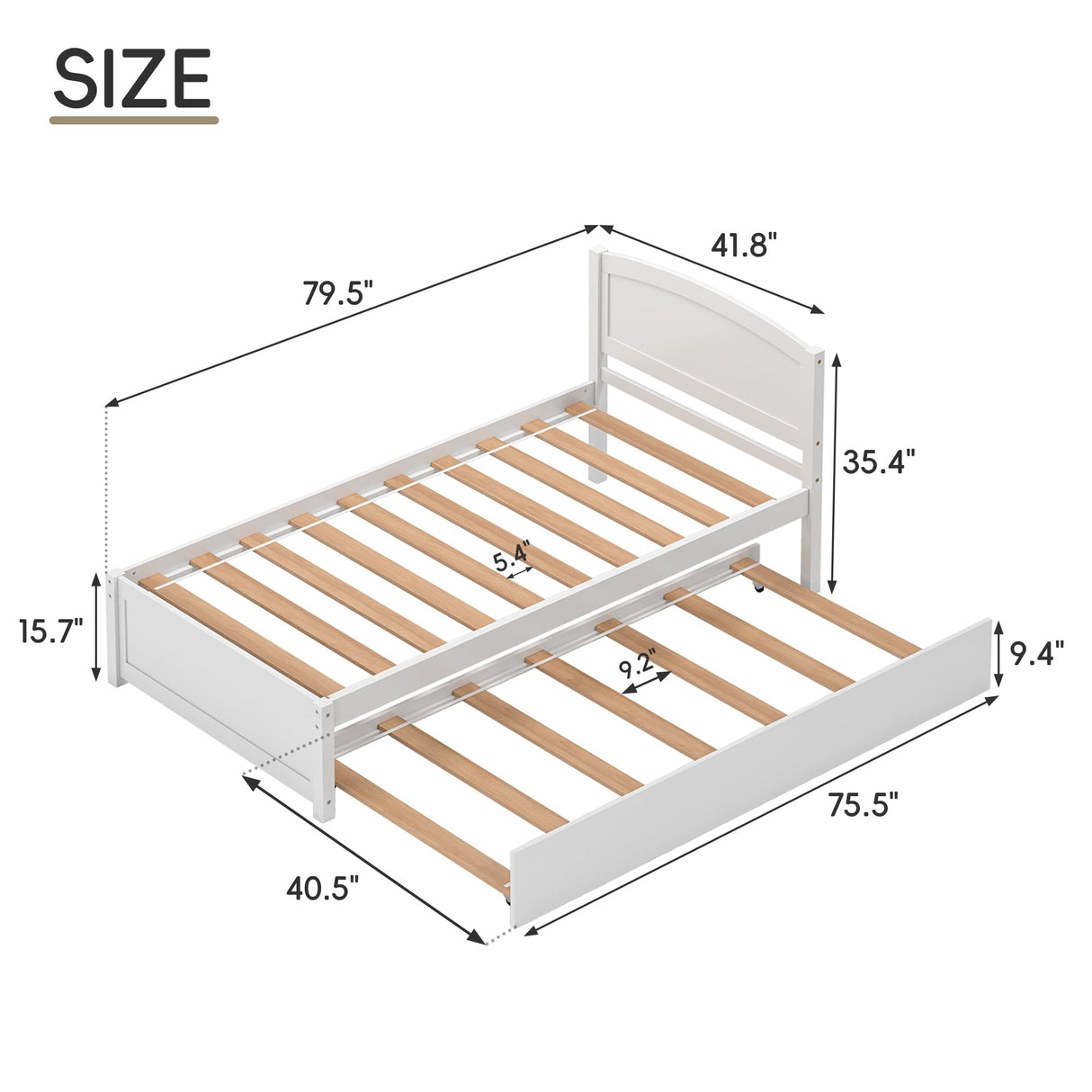Callales Twin Trundle Bed, Solid Wooden Pull Out Bedframe, Extendable Day Bed with Headboard and Soild Wood Slats Support, Bedroom, Living Room, Guest Room, No Box Spring Needed (White) Callales