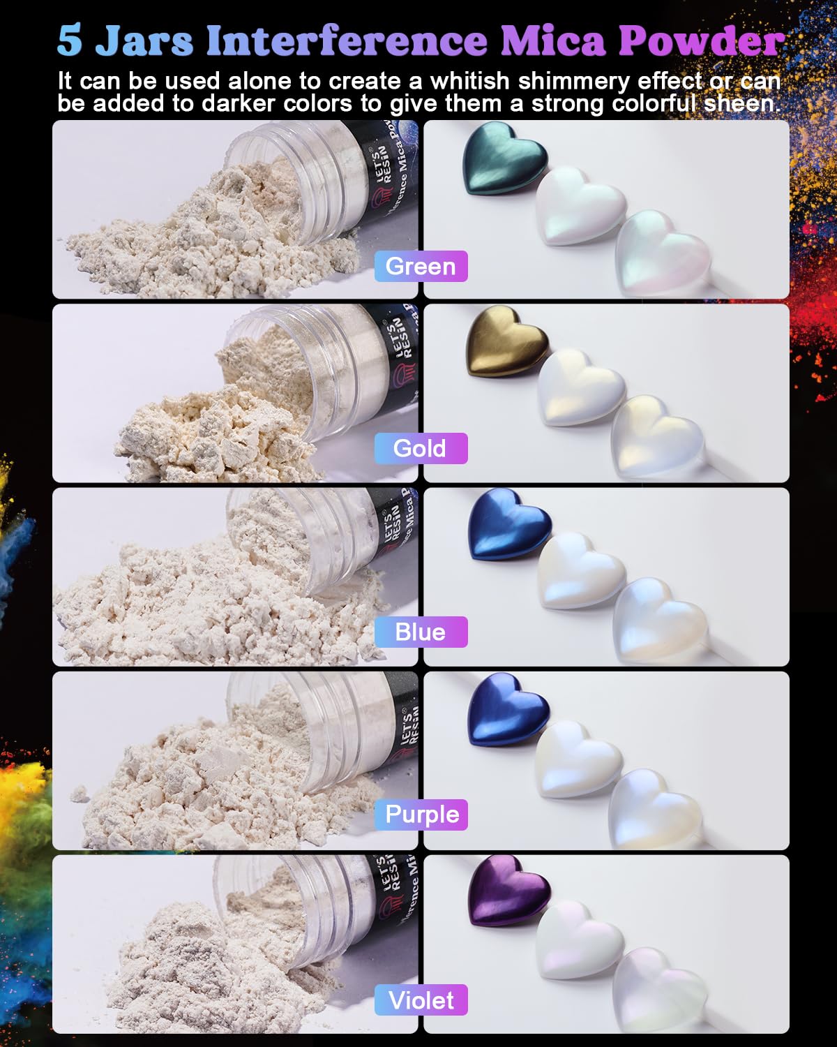 LET'S RESIN 60 Colors Mica Powder,Natural Pearlescent Pigment Powder for Epoxy Resin/UV Resin for Candle Making, Color Pigment Dye, Painting, Bath Bombs, Art Crafts LET'S RESIN