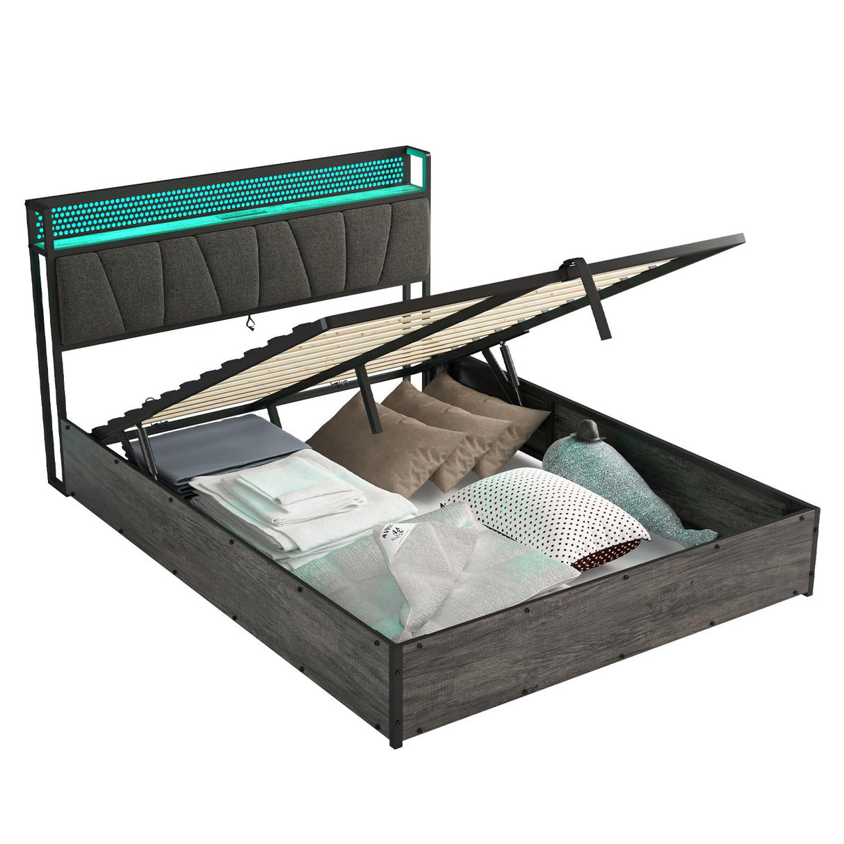 AMERLIFE Full Size Lift Up Bed Frame with Linen Upholstered & LED Light & Storage Headboard, Platform Bed Frame with Charging Station, No Box Spring Needed, Noisy Free, Rustic Grey AMERLIFE