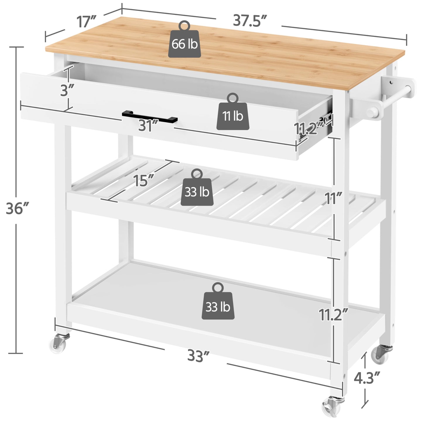 Yaheetech Kitchen Island Cart on Wheels with Bamboo Tabletop, 3-Tier Rolling Kitchen Island Microwave Cart with Drawer, Detachable Towel, 3 Hooks, 17″D × 37.5″W, White