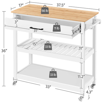 Yaheetech Kitchen Island Cart on Wheels with Bamboo Tabletop, 3-Tier Rolling Kitchen Island Microwave Cart with Drawer, Detachable Towel, 3 Hooks, 17″D × 37.5″W, White