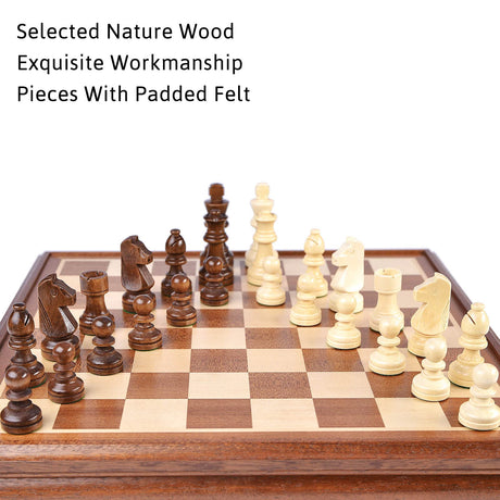 VAMSLOVE Chess and Checkers Board Game Sets for Adults Wooden Deluxe 15 inch Wood Board Box with Storage, Classic 2 in 1 Large Size with Chess Pieces - 3” King Height - 2 Extra Queens Vamslove