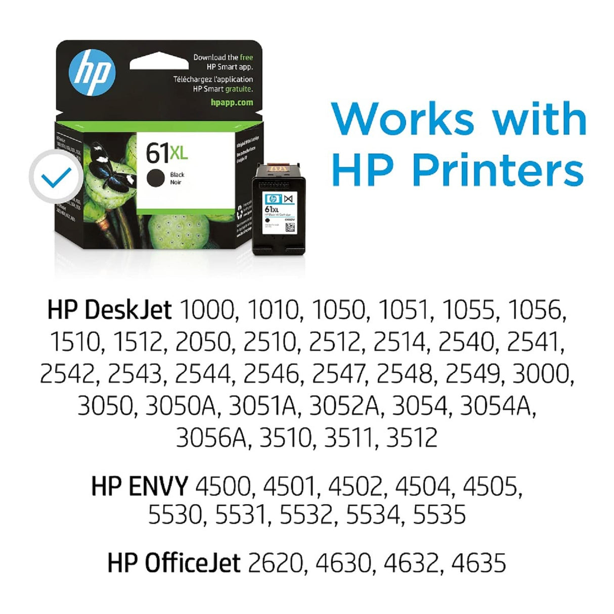 HP 61XL Black High-yield Ink | Works with DeskJet 1000, 1010, 1050, 1510, 2050, 2510, 2540, 3000, 3050, 3510; ENVY 4500, 5530; OfficeJet 2620, 4630 Series | Eligible for Instant Ink | CH563WN HP
