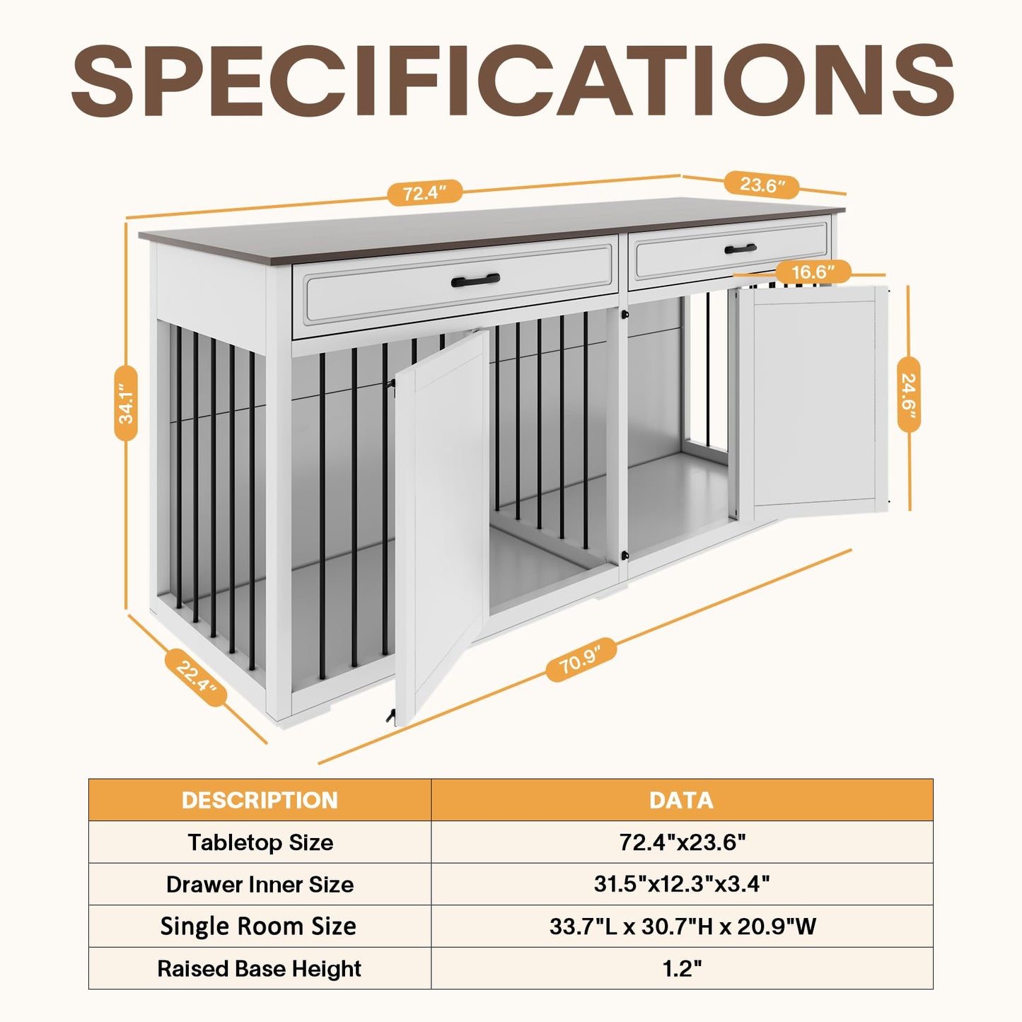 Dog Crate Furniture Indoor - Farmhouse Wooden Dog Kennel with Room Divider and 2 Drawer, Double Doors with Locks, 72”x23”x34”H, White - WoodArtSupply