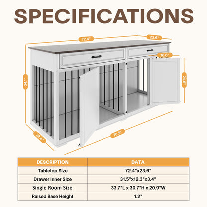 Dog Crate Furniture Indoor - Farmhouse Wooden Dog Kennel with Room Divider and 2 Drawer, Double Doors with Locks, 72”x23”x34”H, White - WoodArtSupply