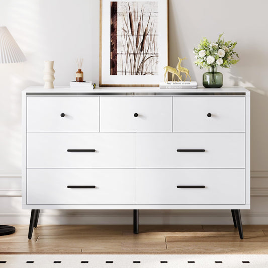 DWVO 7 Drawer Dresser for Bedroom, White Wood Storage Dressers & Chests of Drawers with Black Metal Handle ＆ Anti-Tipping Device, Modern Double Dresser Storage Cabinet Living Room Hallway, Entryway