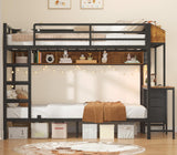 VIAGDO Bunk Bed Twin Over Twin with Charging Station and LED Lights, Heavy Duty Metal Bunk Bed with Desk and 3 Storage Drawers, Utility Storage Shelf and Boxes, No Box Spring Needed, Black VIAGDO