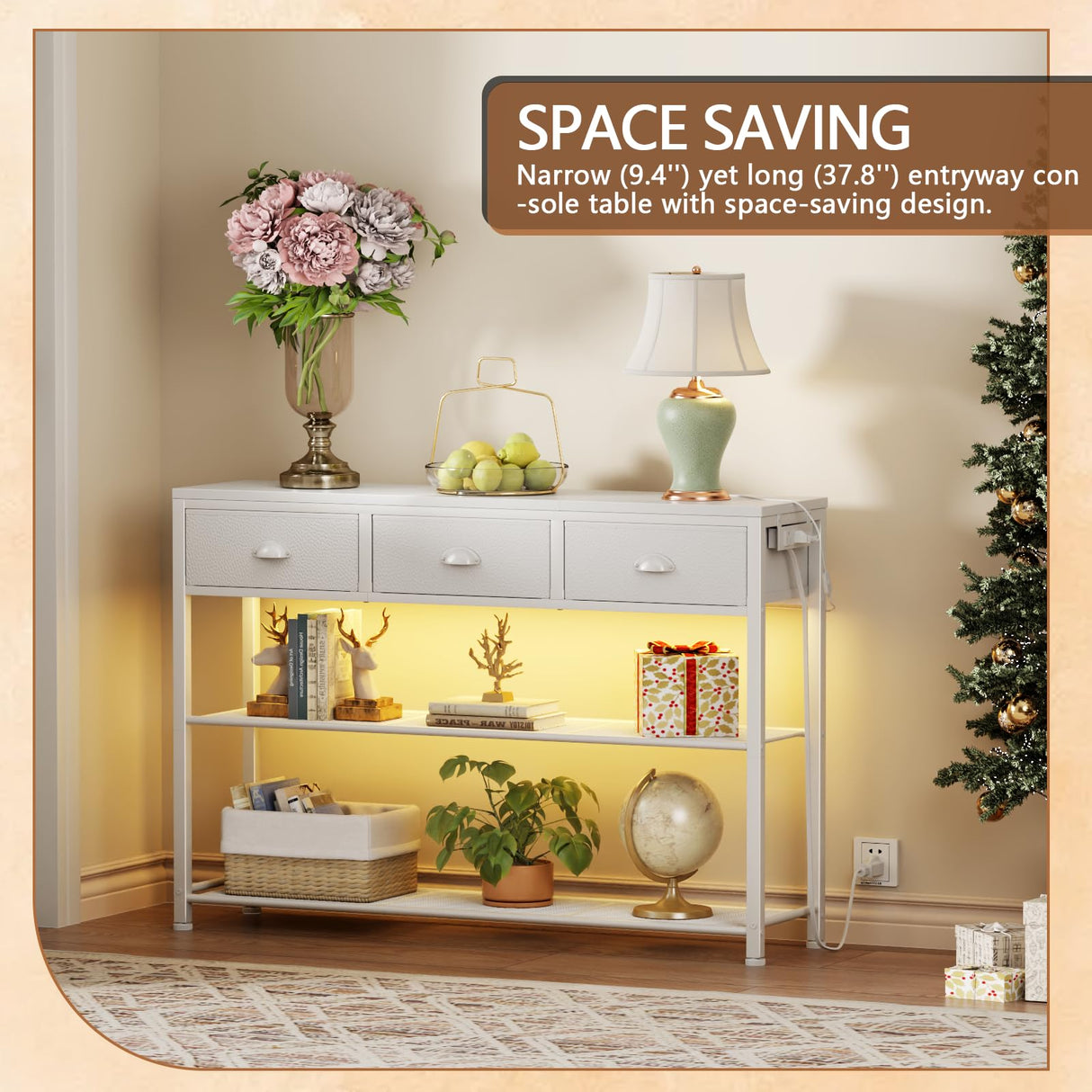 Furologee 38in Console Table with 3 Drawers, Small Sofa Table with Lights and Power Outlets, Hallway Tables with 3-Tier Shelves, White Narrow Console Table for Entryway, Living Room, Couch, Foyer Furologee
