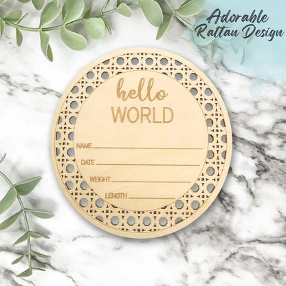 Rattan Hello World Newborn Sign, Wooden Baby Announcement Sign, Welcome Baby Sign, Baby Name Sign Birth Announcement Sign for Hospital Nursery Photo