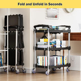Foldable Rolling Book Cart, 3 Tier Folding Utility Service Carts with Wheels Lockable Handles for Women No Assembly Storage School Restaurant Warehouse Garage 180LBS Capacity Sturdon