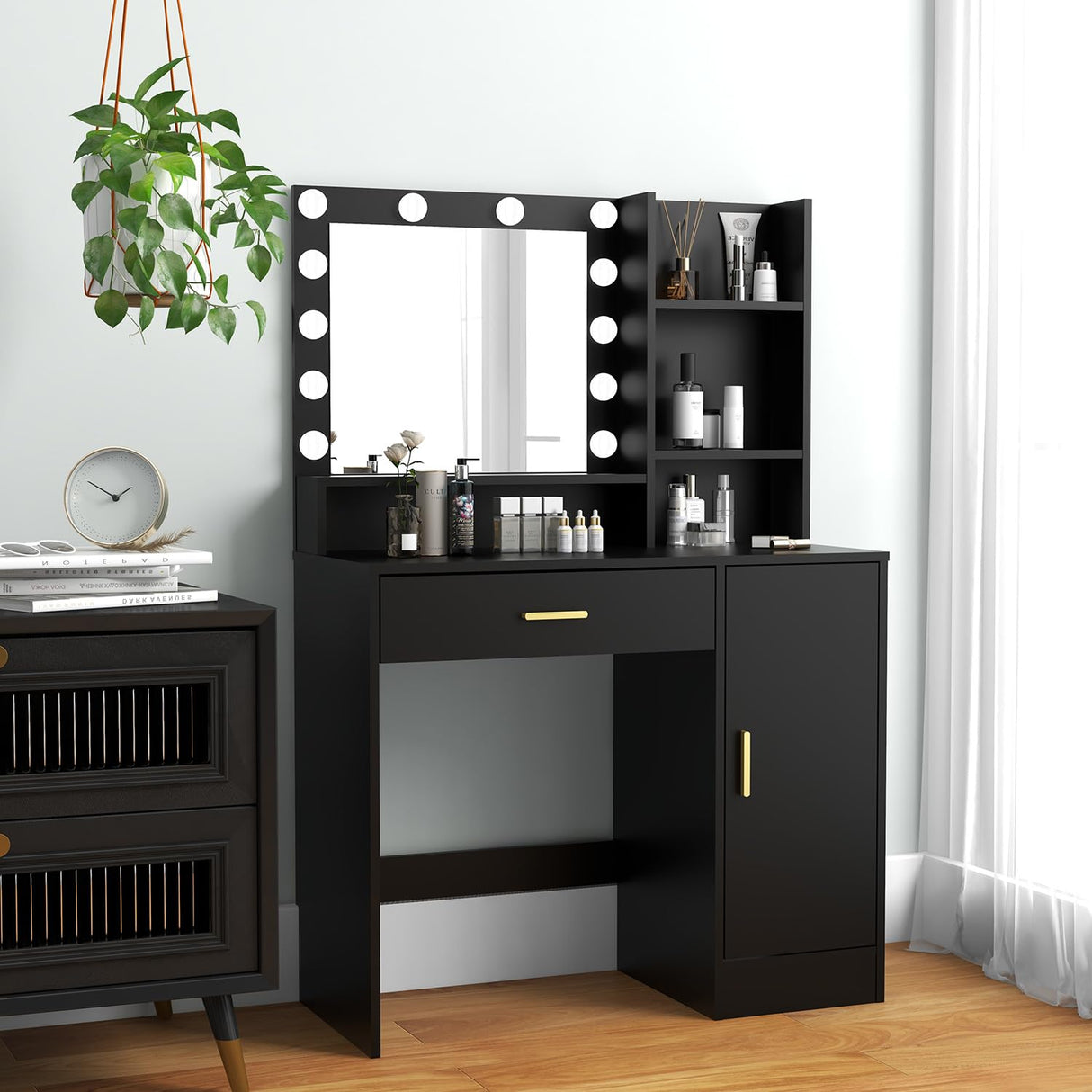 Vanity Desk, Vanity Mirror with Lights and Table Set with 1 Big Drawers, 1 Cabinet & 4 Shelves Makeup Vanity Set 3 Lighting Modes Brightness Adjustable Dressing Table (Black) Panana