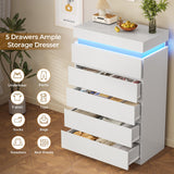 BTHFST Tall White Dresser for Bedroom with LED Lights, LED Modern 5 Drawers Chest of Drawers for Closet, Wood Tall 5 Drawer Dresser for Living Room Hallway Entryway BTHFST