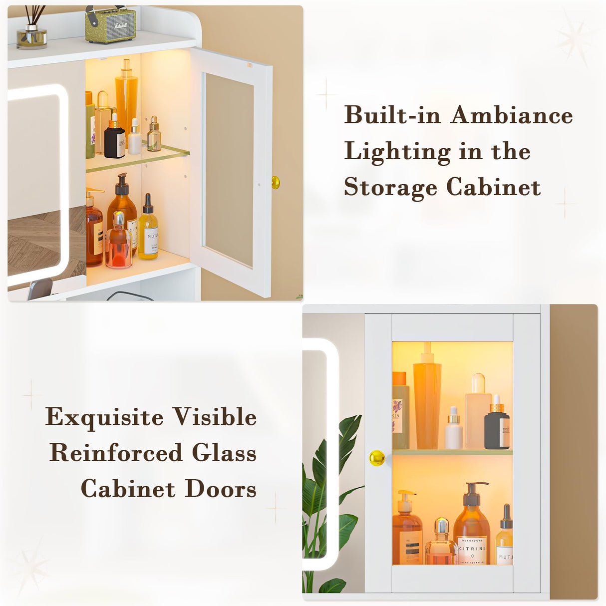 CSZZD Vanity Desk with Mirror and Lights, White Makeup Vanity Desk with Charging Station, Dressing Table with Storage Drawers, RGB Cabinets and Hidden Jewelry Rack for Bedroom, 3 LED Light Modes CSZZD