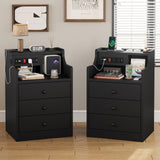 ADORNEVE Night Stand Set 2,Black Nightstand with Charging Station & Hutch,Night Stands for Bedrooms Set of 2,Bedside Table with Drawers ADORNEVE