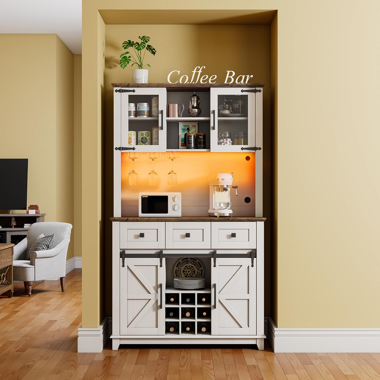 LUXOAK 72" Coffee Bar Wine Cabinet with Sliding Barn Door & LED Lights, Sideboard Buffet Cabinet with Wine Bottle Rack, 3 Drawers, Storage Cabinet for Kitchen, Dining Room, White LUXOAK