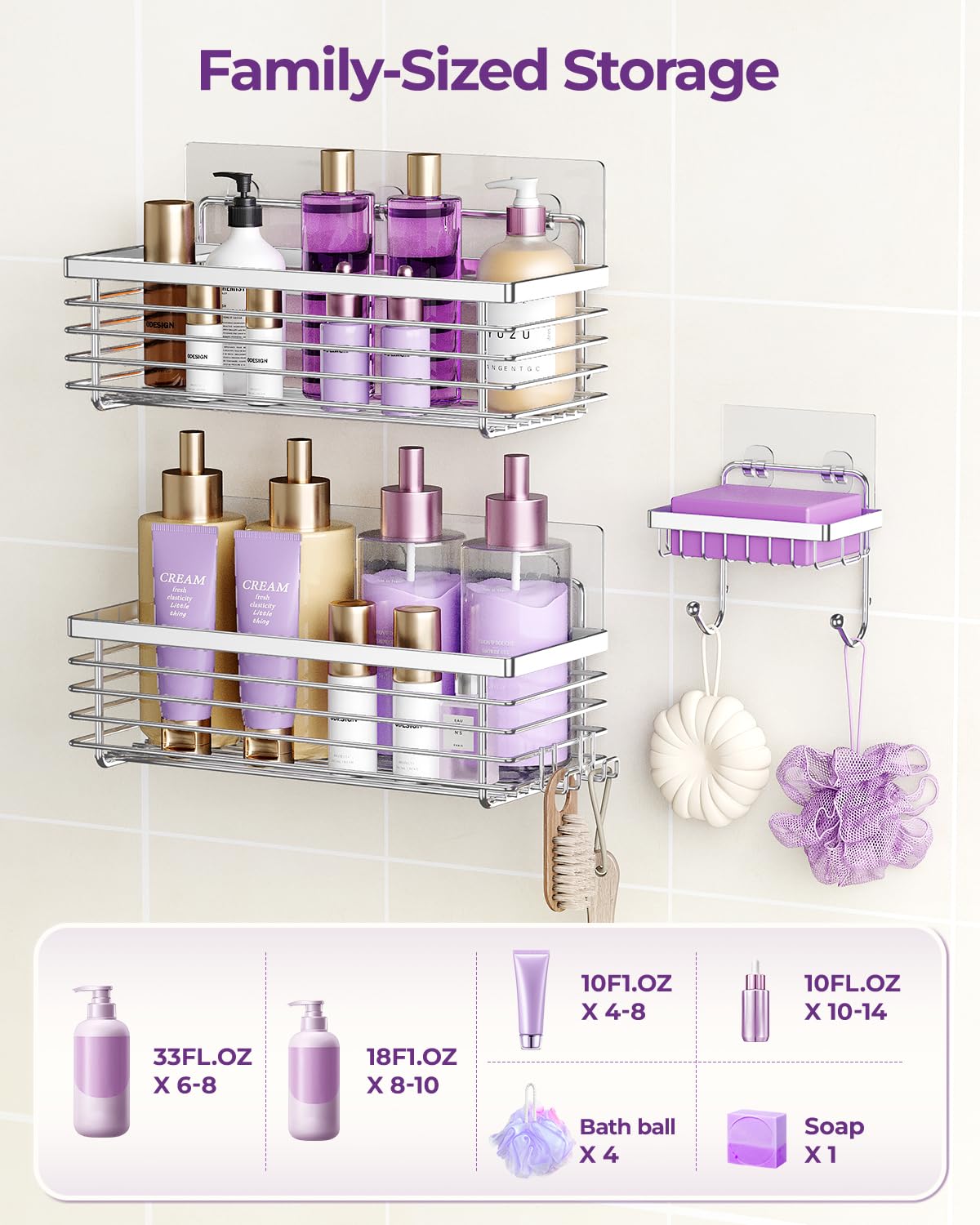 ODesign Shower Caddy 3 Pack SUS304 Stainless Steel-No Drilling-Shower Bathroom Shelves Rack,Rustproof Wall Mounted,Adhesive Shower Shelf Basket Organizer-Silver ODesign