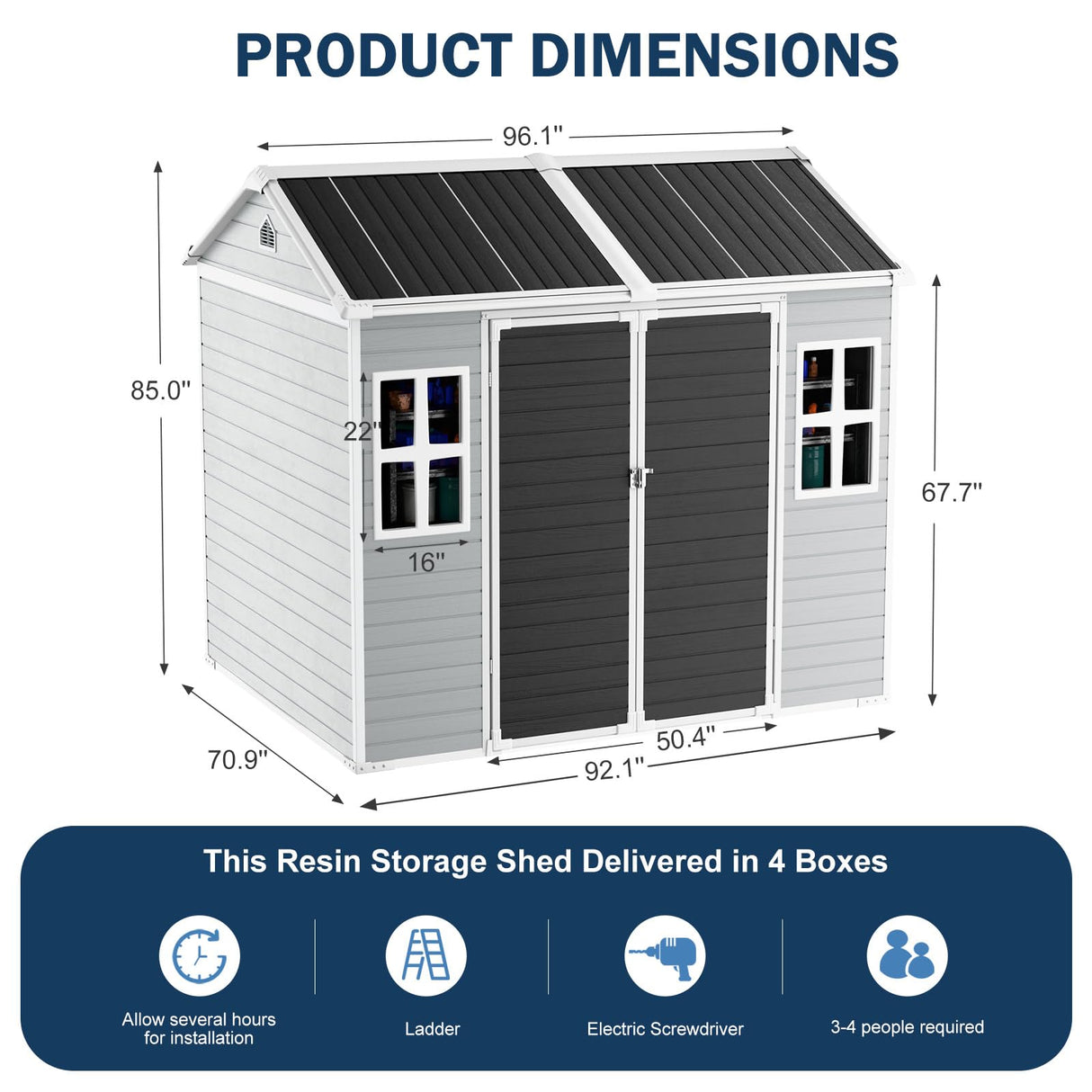 CDCASA 8x6X7 FT Resin Shed, Waterproof Large Outdoor Storage Shed with Floor & Lockable Door & 2 Windows, Plastic Tool Shed for Outside, Backyard, Patio, Poolside, Bike, Grey CDCASA