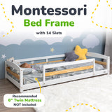 Twin Floor Bed with Safety Guardrails for Kids, Montessori Inspired with Rails and 2 Openings, Twin Size Bed Frame for Girls and Boys - White Ocodile