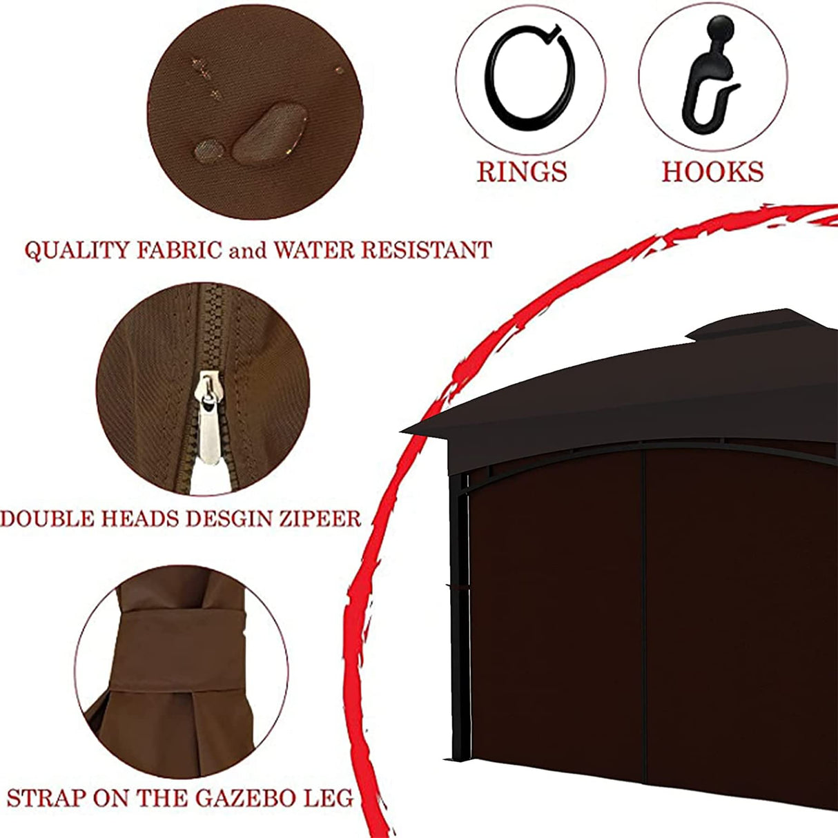 COZYVIDA Gazebo Universal Replacement Privacy Curtains 4-Panels sidewall with Zipper (ONLY CURTAIN) (10' x 13', Coffee) COZYVIDA