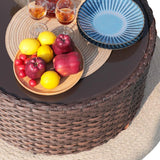 SUNSITT Round Outdoor Coffee Table with Tempered Glass Top, Rattan PE Resin Wicker Patio Side Table, Brown SUNSITT