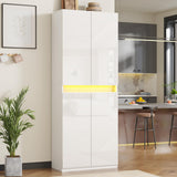 Furnify 71" Tall Pantry Storage Cabinet, Kitchen Pantry with High Gloss Doors, Modern Buffet Hutch Cabinet with Led Light and Adjustable Shelves for Dining Room, Living Room, White Furnify