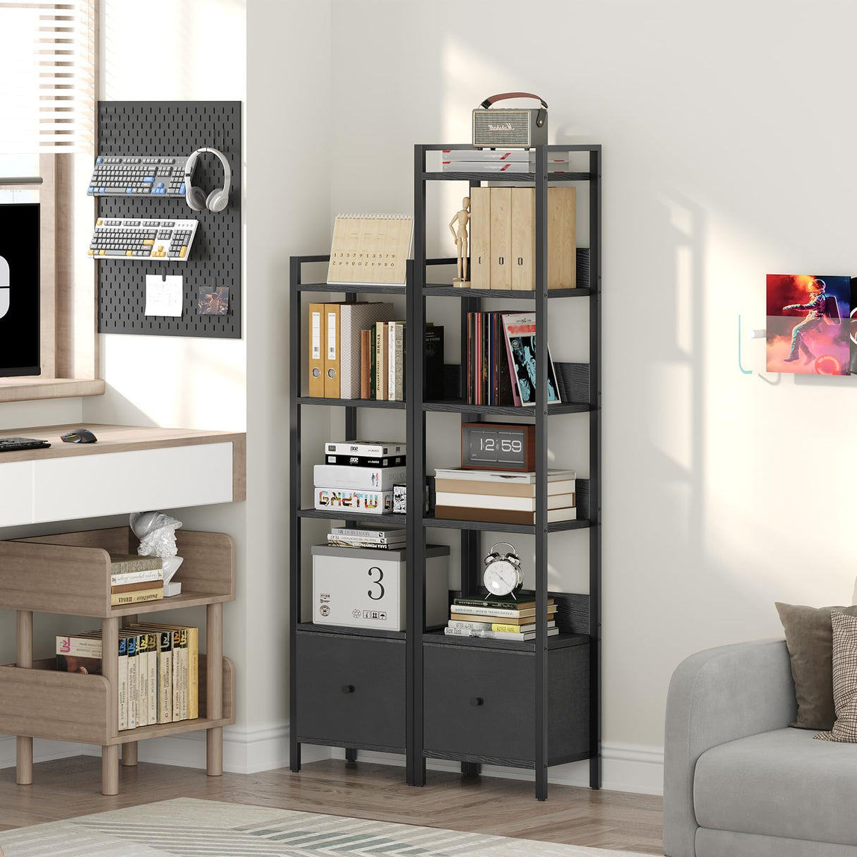 MAHANCRIS Bookshelf, 5-Tier Bookcase with Drawer, Small Book Shelf for Small Space, Storage Shelf Organizer, for Living Room, Bedroom, Study, Kitchen, Black BKHB55101 MAHANCRIS