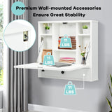 IFANNY Wall Mounted Desk, Wall Computer Desk w/Storage Drawer & Shelves, Compact Floating Desk for Wall, Space Saving Wall Desk Fold Down, Wall Desks for Small Spaces (White) IFANNY