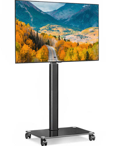 FITUEYES Mobile TV Stand with Wheels for 32-60 65Inch TV Screen, Rolling TV Floor Stand with Mount, TV Cart with Black Tempered Glass Base & Wire Management, Holds 66 lbs