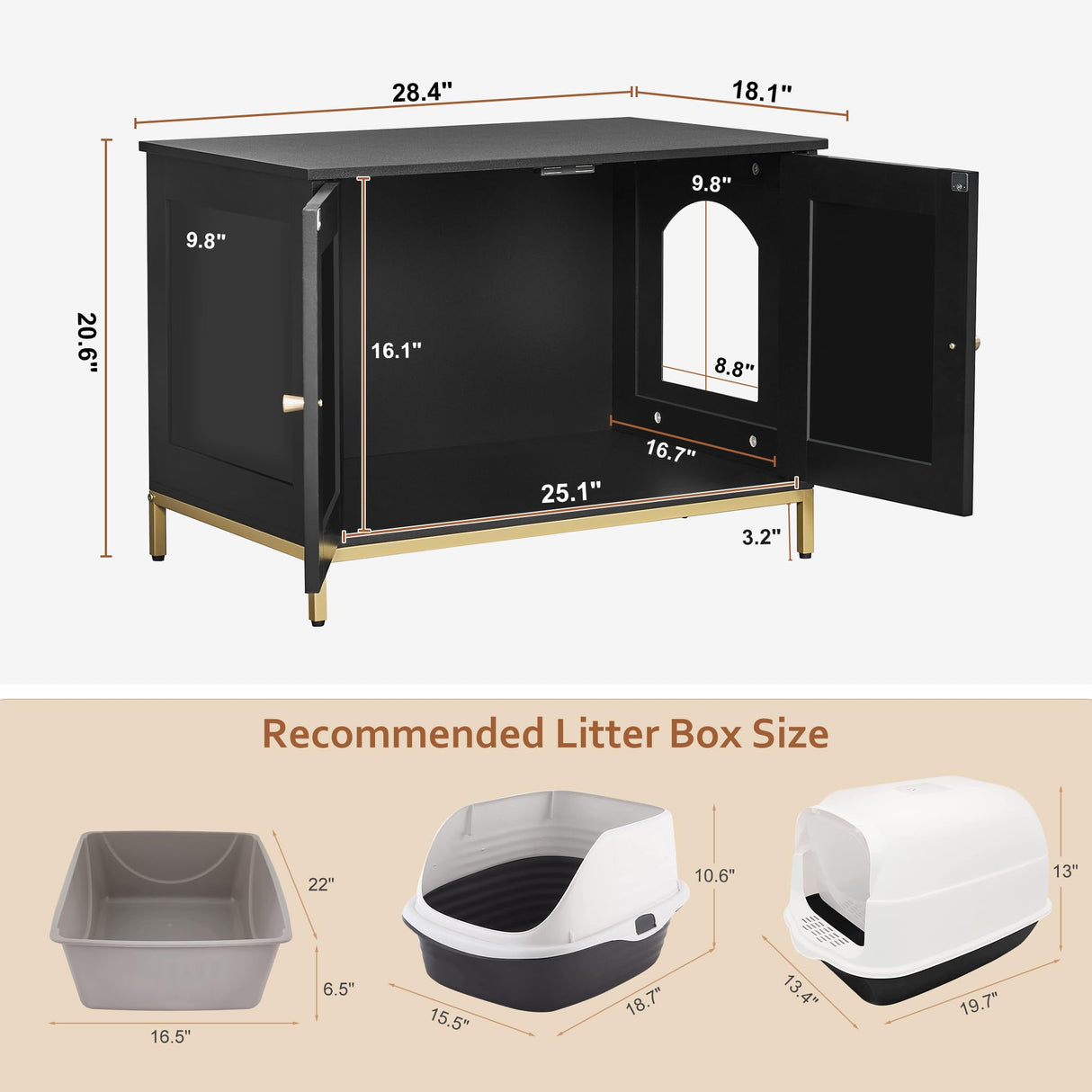 Homhedy Cat Litter Box Enclosure, Litter Box Furniture Hidden with Metal Frame, Cat Washroom Furniture, Cat House, Fit Most of Litter Box, Modern Style, Black and Gold Homhedy