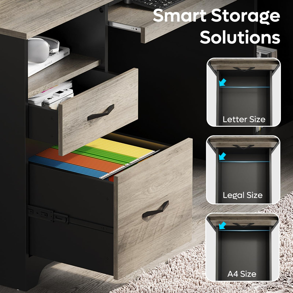 Bestier 59” Executive Desk with 2 Drawers, Computer Desk with Storage Cabinet, Industrial Wood Desk with File Drawer, Keyboard Tray & 2 Pedestals for Home Office & Studio, Gray Bestier