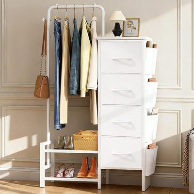 LZNIOZ Dresser with Hanging Rack - 52" Tall Clothes Rack with Drawers, 4 Drawers & 4 Side Bags, Fabric Chest of Drawers with with Bottom Shelves, Kids Dresser for Bedroom, Living Room-White