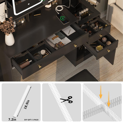 Vanity Table with Mirror, Lights and Charging Station - Glass Top Vanity with 3 Drawers, Jewelry Cabinet and Sliding Door, 42.8 Inches - WoodArtSupply