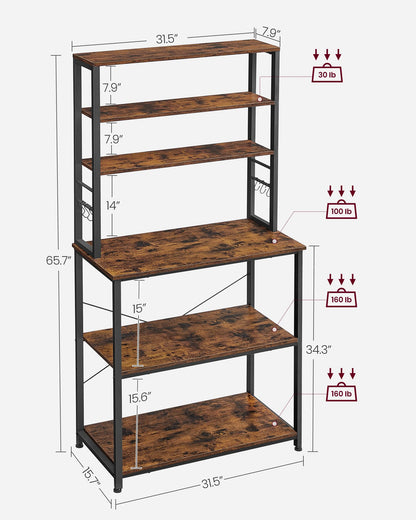 VASAGLE Coffee Bar, 31.5 Inches Baker's Rack for Kitchen with Storage, 6-Tier Kitchen Shelves with 6 Hooks, Microwave Stand, Industrial, Rustic Brown and Black UKKS019B01