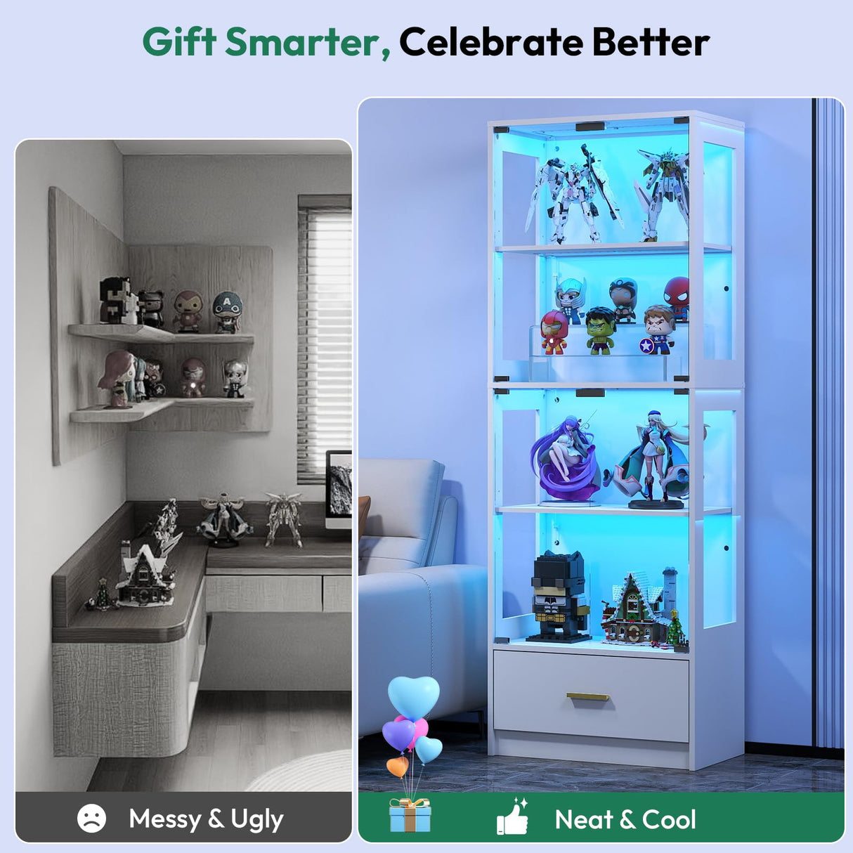 Lamtor Glass Display Cabinet with Doors - Curio Cabinet with Dynamic LED Lights for Collectibles, 67" Display Case with 4 Tier and Drawer for Figure, Toys, Books, White(Narrow) Lamtor