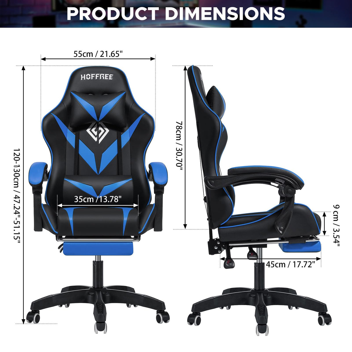 HOFFREE Massage Gaming Chair for Kids Computer Gamer Chair with Footrest and Lumbar Support Reclining PC Game Chair with Headrest for Gaming Room Blue and Black HOFFREE