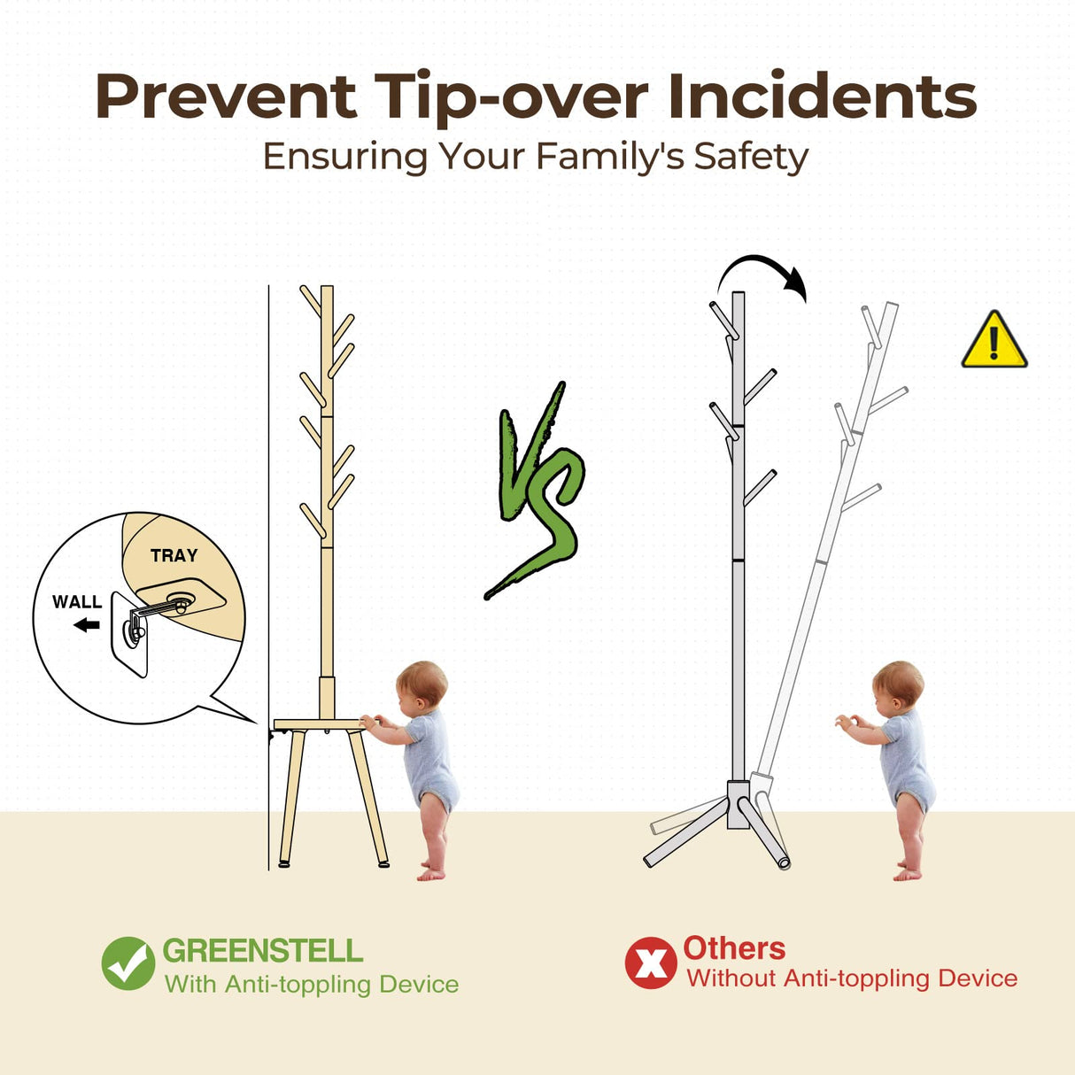 GREENSTELL Coat Rack with 8 Hooks, Wooden Coat Rack Freestanding with Shelf, Coat Tree with 4 Height Options 50.5"-72.6", Coat Hanger Stand for Bags, Clothes, Umbrellas, Hats, in Home, Natural GREENSTELL