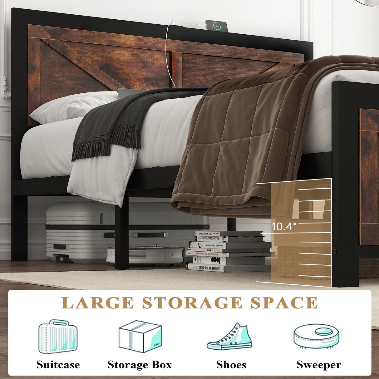 DOGIBIXO Rustic Brown King Size Led Bed Frame with Charging Station and Industrial Design DOGIBIXO