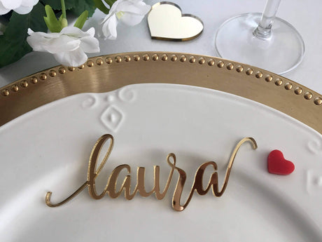 Gold Wedding Place Cards Personalized Acrylic Laser Cut Names Place name settings Guest name tags Wedding Signs Calligraphy Modern New Font Wood Decorations Wooden Centerpieces Dinner Party Decor FranJohnsonHouse