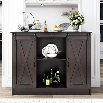 4 EVER WINNER Coffee Bar Cabinet with Storage, 42” Sideboard Buffet Cabinet with Sliding Barn Doors, Farmhouse Coffee Bar Station Table Liquor Wine Bar Cabinet with Shelves for Kitchen, Espresso