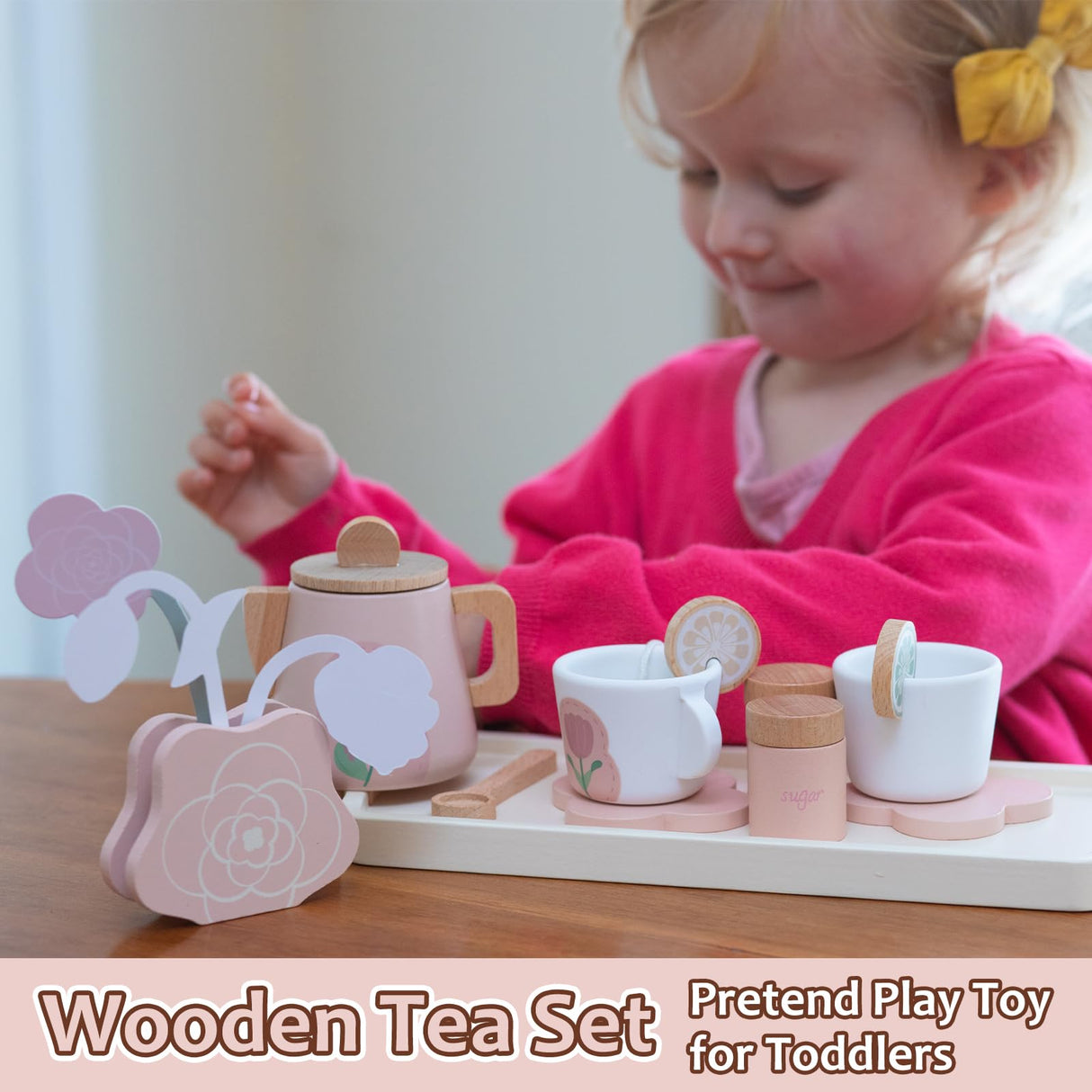 Smartwo Wooden Tea Set for Little Girls, 26 PCS Play Kitchen Accessories for Toddlers Princess Tea Party with Play Food, Pretend Play Tea Set Toy for Kids 1 2 3, Improve Imagination and Social Skills Smartwo