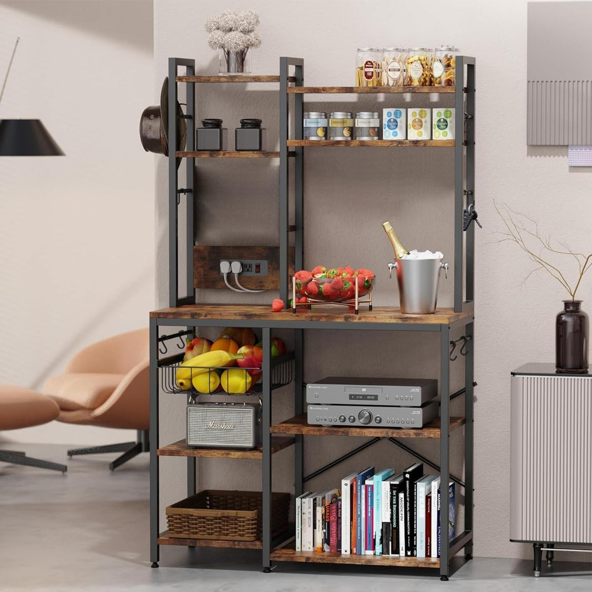 Standing Kitchen Baker’s Rack, Bakers Rack with Power Outlet, 6-Tier Microwave Stand, Coffee Bar with 12 S-Shaped Hooks, Kitchen Shelf with Storage, Coffee Bar Station, for Rustic Brown Cheersstar