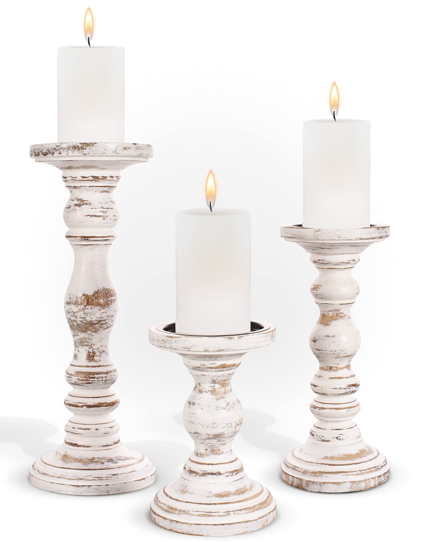 Large Candle Holders for Pillar Candles - Rustic Farmhouse Style Home Decor - Perfect for Table Centerpieces, Coffee Table or Fireplace Mantel - 3 Piece Set - White - WoodArtSupply