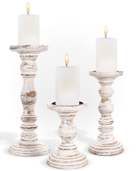 Large Candle Holders for Pillar Candles - Rustic Farmhouse Style Home Decor - Perfect for Table Centerpieces, Coffee Table or Fireplace Mantel - 3 Piece Set - White Luxe Designs