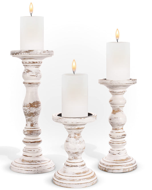 Large Candle Holders for Pillar Candles - Rustic Farmhouse Style Home Decor - Perfect for Table Centerpieces, Coffee Table or Fireplace Mantel - 3 Piece Set - White