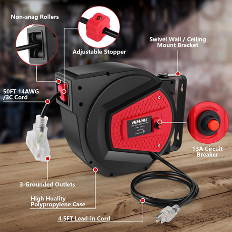 50FT Retractable Extension Cord Reel, 14AWG/3C Power Cord Reel for Garage Workshop, Wall/Ceiling Mounted Extension Cord Reel, 13A Circuit Breaker, 3-Lighted Triple Outlets, UL Listed Himimi